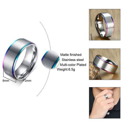 Vnox Black Stainless Steel Basic Ring for Men With Rainbow L
