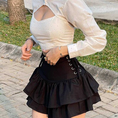 Solid side waist strap short skirt女士纯色侧腰绑带短款半身裙