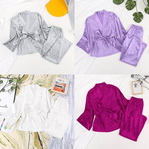 HECHAN Solid Women Robes With Sashes 2 Piece Set Wrist Sleep