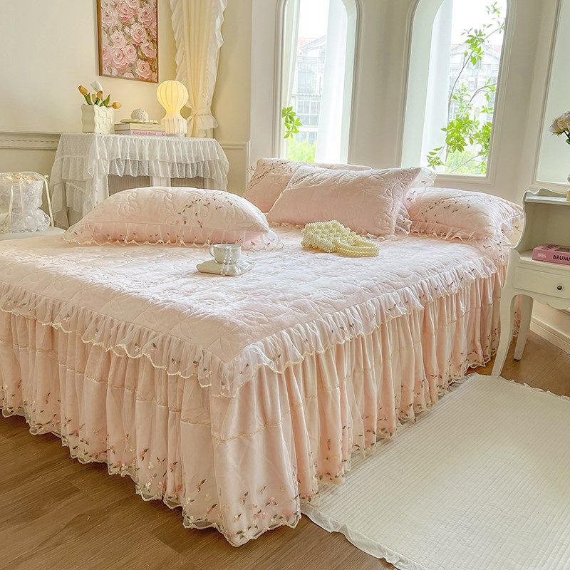 公主风保暖夹棉床裙款三件蕾丝花边加绒加厚珊瑚绒床罩,床上用品,床裙,淘宝优惠券,粉丝福利购,淘宝优惠卷