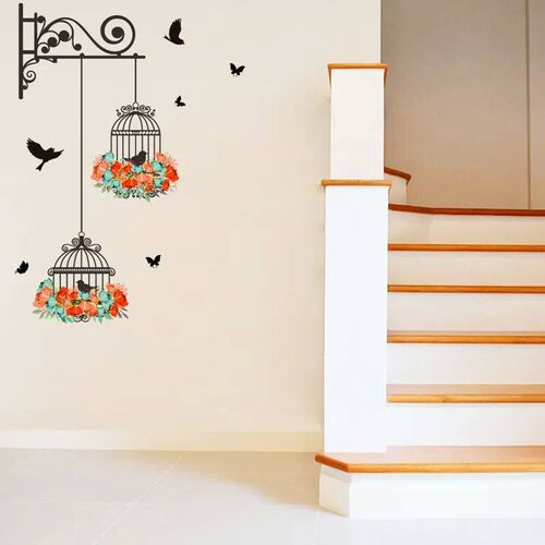Colorful Flower birdcage flying birds wall sticker Creative
