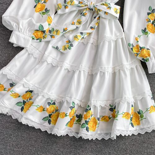 Retro Lace Trims Print Flower Dress Mid-length Women Long Pu