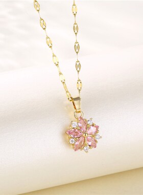 Korean Fashion Pink Crystal Sakura Pendant Stainless Steel N