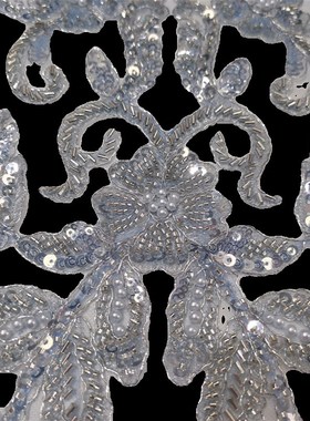 紫色蕾丝网纱布料重工叶子花型钉珠珍珠亮片刺绣面料礼服婚纱布料