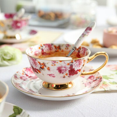Pastoral Flower Bone China Coffee Cup Set Luxury Porcelain C