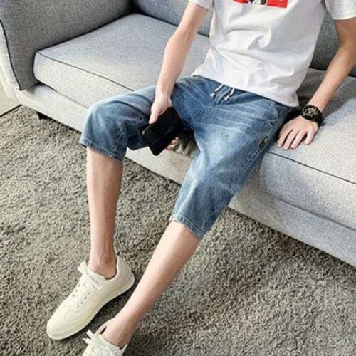 Summer Elastic Waist Jeans Mens Slim-fit Taped Shorts tendy