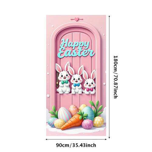 Happy Easter Door Cover Pink Bunny Easter Egg Wreath Design