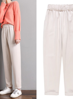 Women Woolen Pants Autumn Winter 2021 New Casual Solid Elast