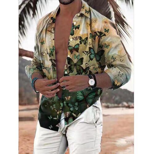 Men Shirts Spring Summer Vintage Printed Long-sleeved Thin B