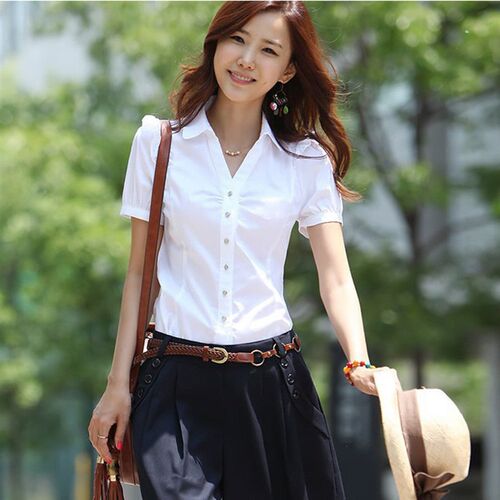 Plus Size 5XL Summer Womens Short Sleeve Cotton Blouses Shi