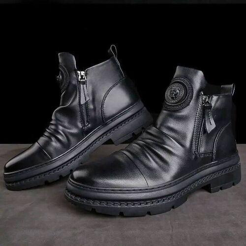 Mens Motorcycle Leather Boots British Style Round Head High