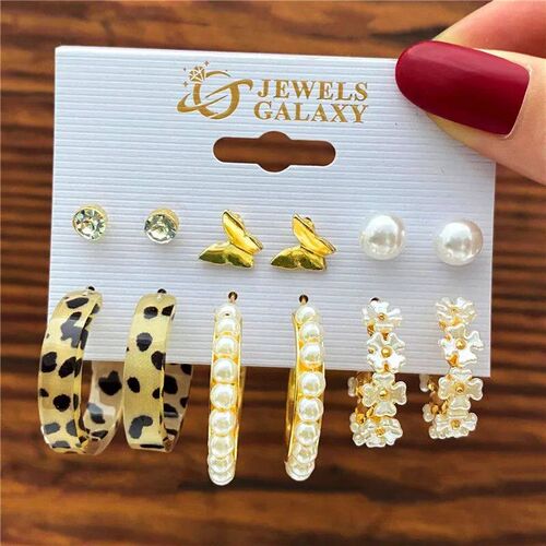 Modyle Vintage Pearl Butterfly Leopard Acrylic Earring Set F