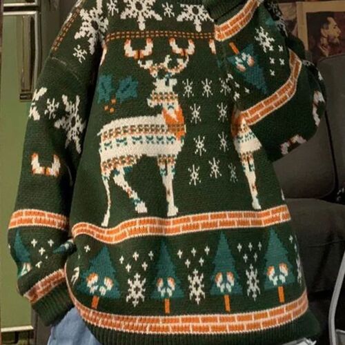 Ugly Christmas Sweater O-Neck Deer Knitted Top Men Oversized
