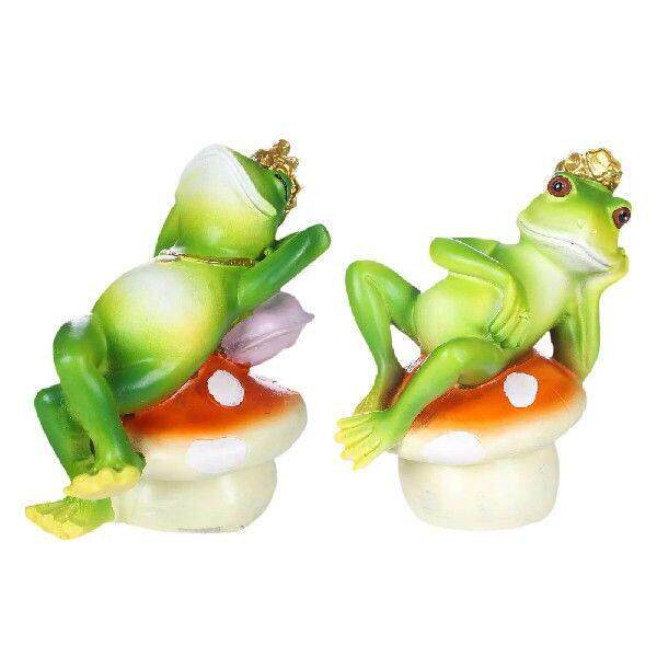 Green Frog Sitting on Mushroom Statue Collectible Yard