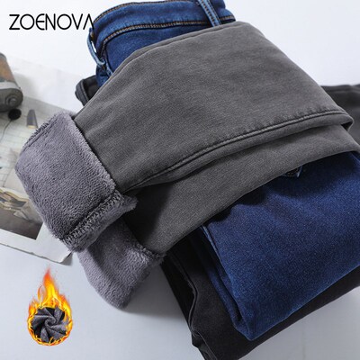 ZOENOVA Winter Warm Velvet Jeans Woman 2022 Elastic Casual L