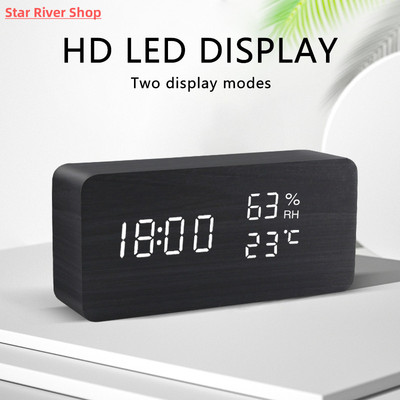 Alarm Clock LED Wooden Watch Table Voice Control Digital Woo