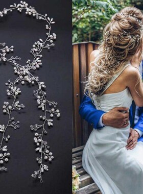 35/50cm Long Bride Handmade Crystal Pearl Hair Band Headdres