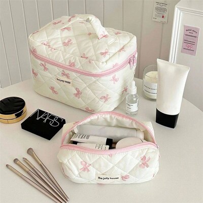 Cute Bow Flower Quilting Cotton Makeup Bag Women Zipper Cosm