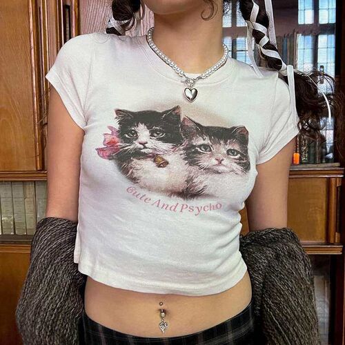 Early Spring New Sweet Cute Cat Crewneck Short Sleeve Top Fr