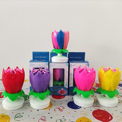 1pcs Cake Candle Musical Rotating Lotus Flower Candle Light