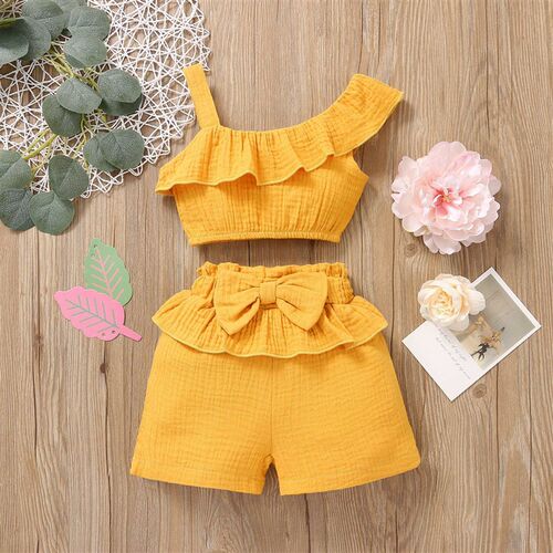 Summer Cute Baby Girls Clothes Sets One Shoulder Ruffles Top