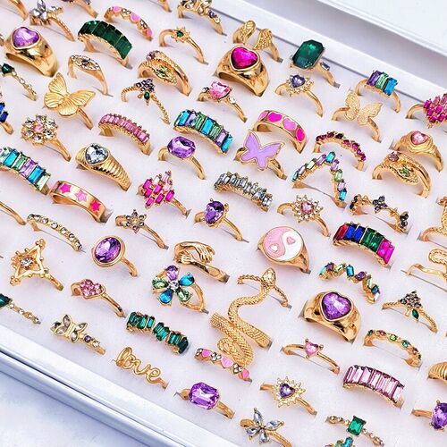 50Pcs Colorful Heart Crystal Zircon Rings for Women and Girl