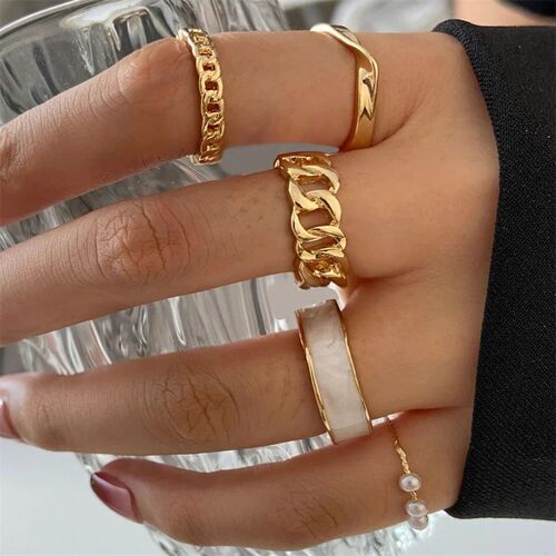 5Pcs/10Pcs Imitation Pearl Leaf Flower Rings Set For Women R