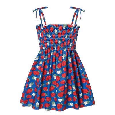 Summer New Girls Cotton Dress Children Strawberry Beach Stra