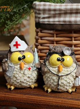 卡哇伊树脂猫头鹰趣味摆件客厅玄关书房家居摆设样板间软装饰品