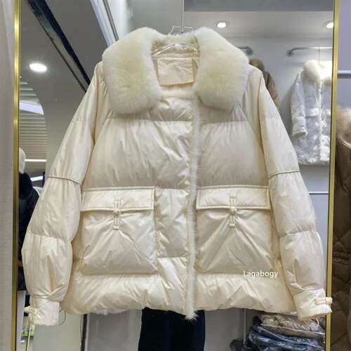 Lagabogy 2023 New Winter Women Real Fox Fur 90% White Duck D
