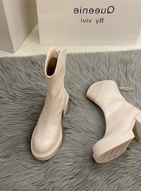 小个子BI备~靴子女马丁靴圆头厚底粗跟高跟后拉链黑色短靴