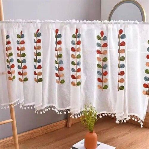 Four Color Branch Embroidered Semi Sheer Curtain Kitchen