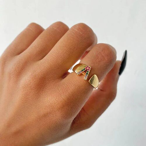 Rainbow Zircon Letter Rings For Women Fashion Chunky Wide Le