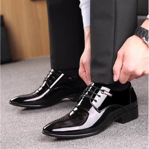 Men business suit black lacquer leather shoes pointed shoes