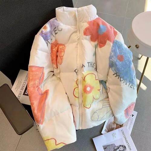 Women Parkas 2023 Winter New Hand-painted Graffiti Flower Gi