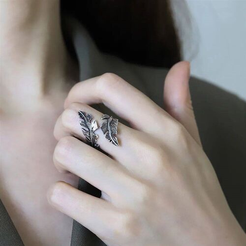 Antique Adjustable Alloy Feather Ring for Men Woman Vintage