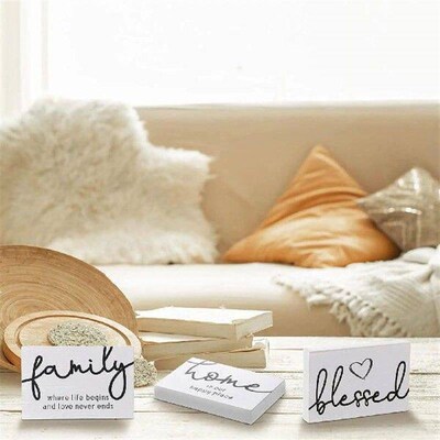 3x Wood Decorative Signs Holiday Bookshelf Farmhouse Family
