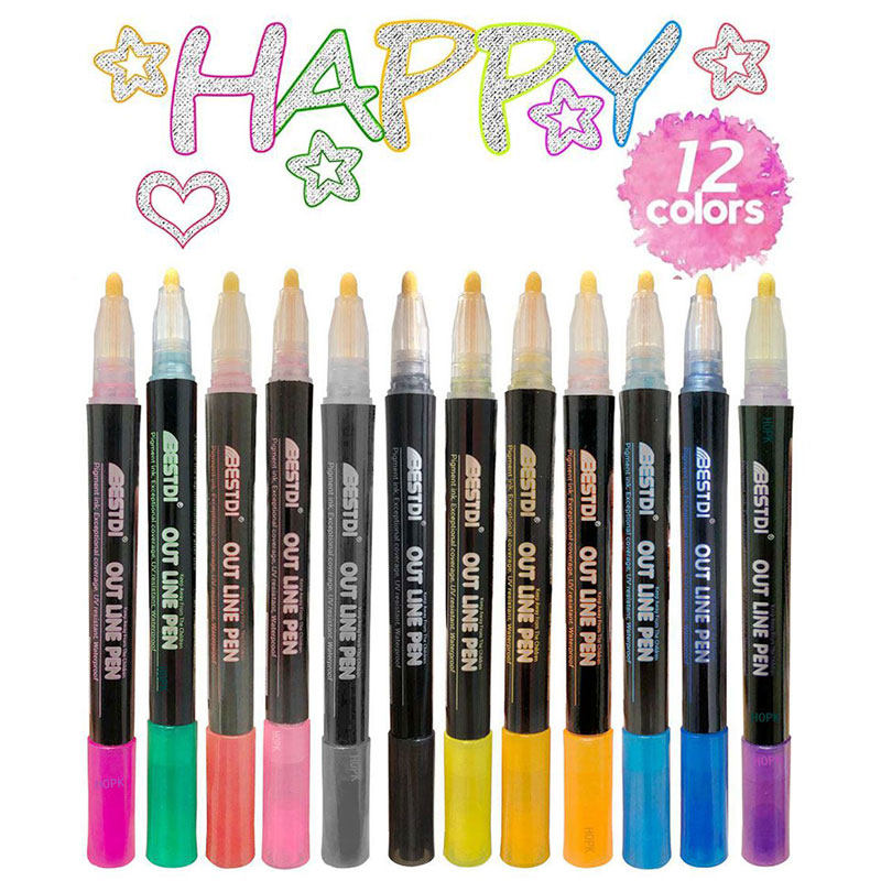 12 Color Metal Paint Marker Pen set Double Line Pen Outline图片