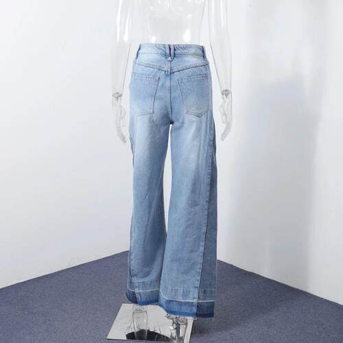 Chic Womens Side Patchwork Denim Jeans Pant High Waist Wide