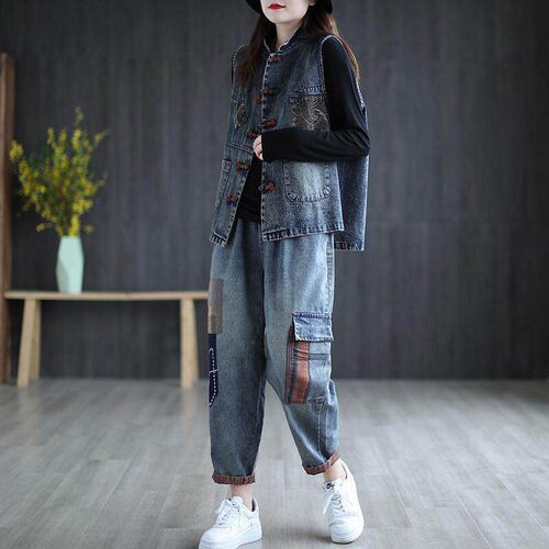 Denim Vest Womens Spring and Summer Artistic Retro Large Si