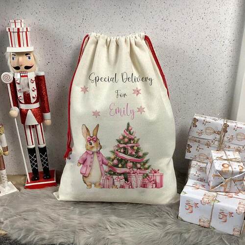 Personalised name Pink Rabbit Sack Gift Bag Easter Bunny Can