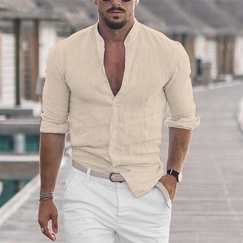 2023 Mens Casual Cotton Linen Shirt Mock Neck Solid Long Sl