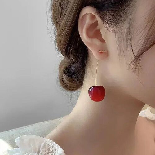 Red Cherry Shaped Dangle Earring for Women Korean Small Fres