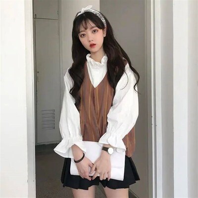 Ruffle Preppy White Shirt Oversize Women nd Korean Stand Col
