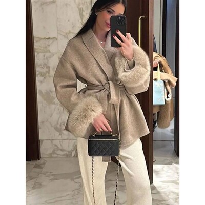 Elegant Lace Up Woolen Short Coat Solid Loose Lapel Furry Be