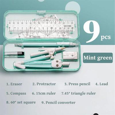 Kawaii 9pcs Ruler Set for Exams Geometry Compass Straight Ed