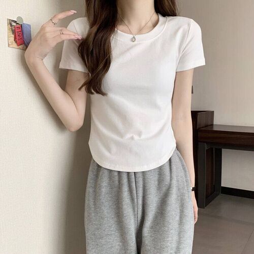 Summer New irregular round collar curved hem cotton short sl