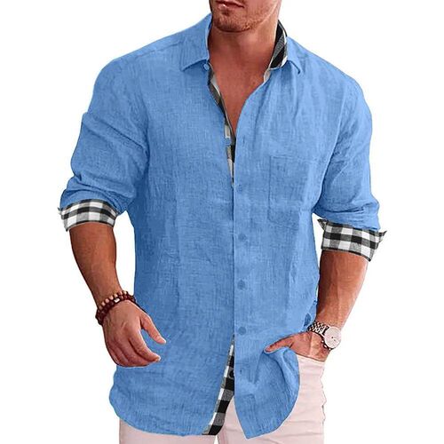 New Mens Cotton Linen Shirts Loose Casual Blouse Grid Long