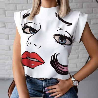 Fashion Women Lips Eyelash Print Sleeveless Blouses Shirts 2