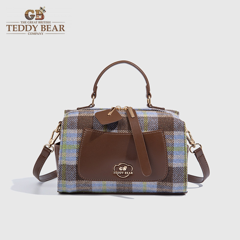 泰迪熊格纹波士顿轻奢斜挎女包